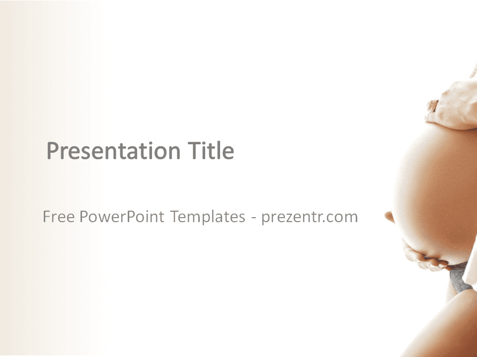 Pregnancy PowerPoint Template cover slide with pregnant woman in white, beige tones