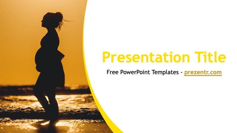 Pregnancy PowerPoint Template cover slide: silhouette of pregnant woman at sunset with golden-yellow curved design
