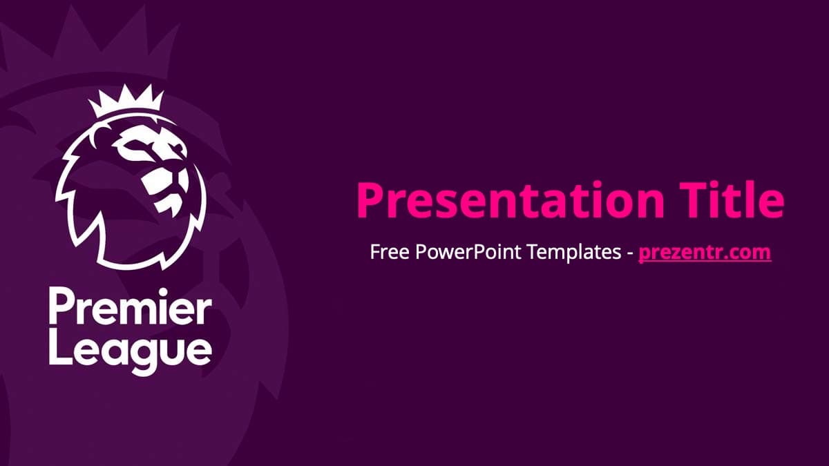Premier League PowerPoint Template cover slide with purple background, lion logo, and pink title text on dark gradient design