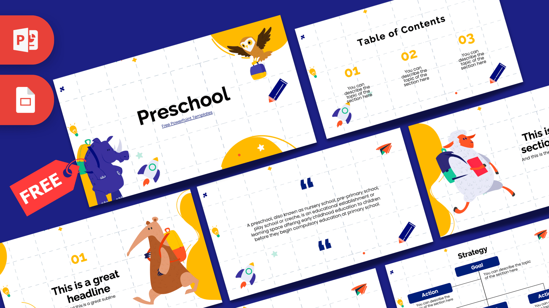 Preschool PowerPoint template cover with colorful illustrations of children, rockets, and animals on navy and yellow