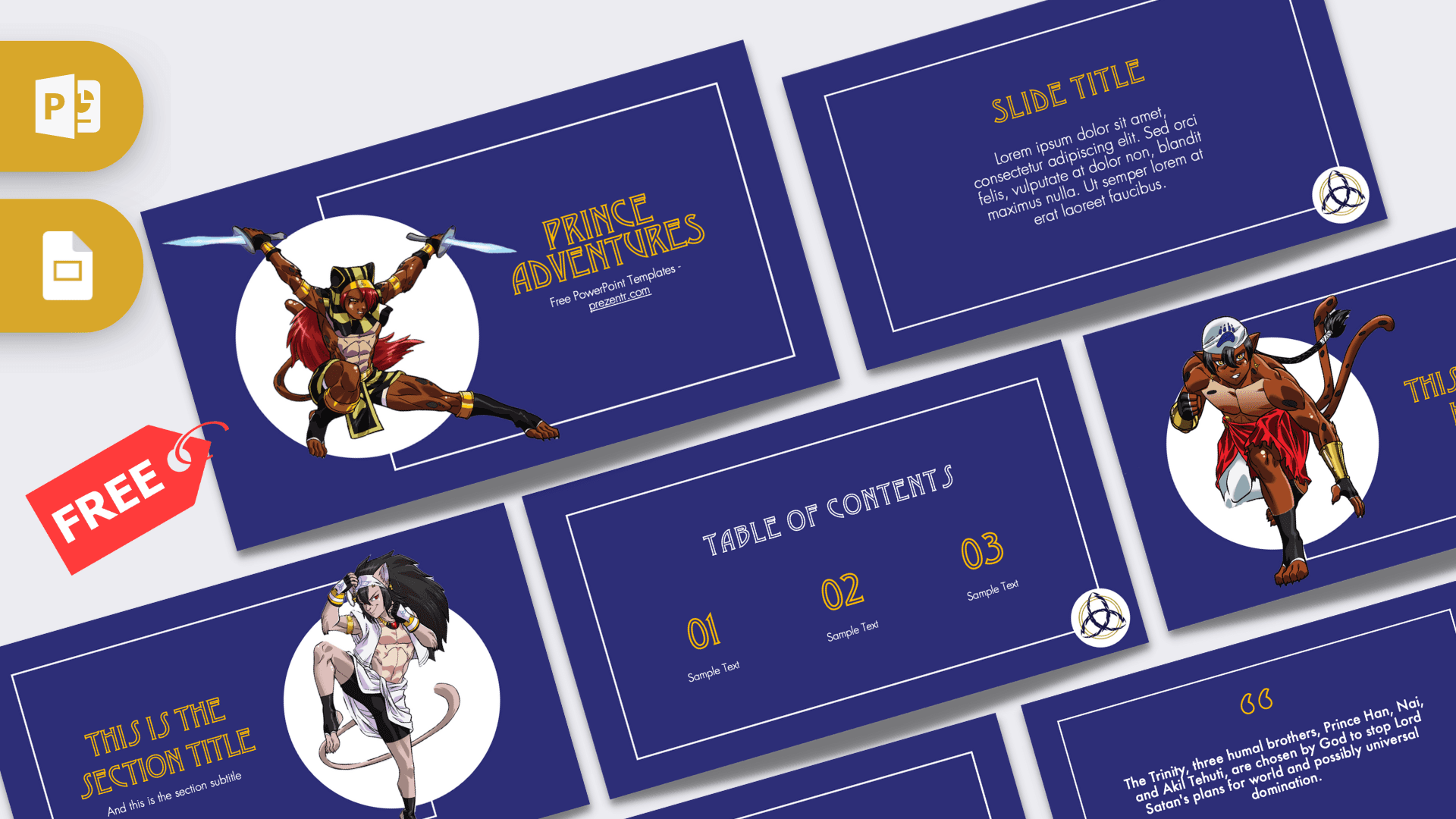 Prince Adventures PowerPoint template cover slide with navy blue background, golden title text, and illustrated fantasy