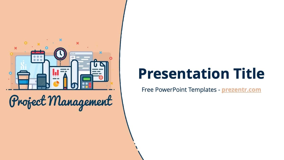 Project Management template cover slide with peach background, business icons, and curved layout design