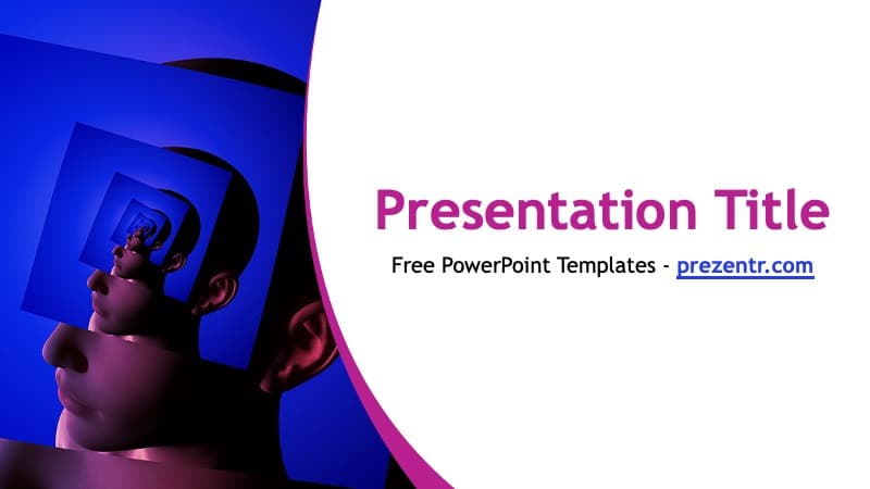 Psychology PowerPoint Template cover slide with abstract 3D head profile, blue and magenta gradient design