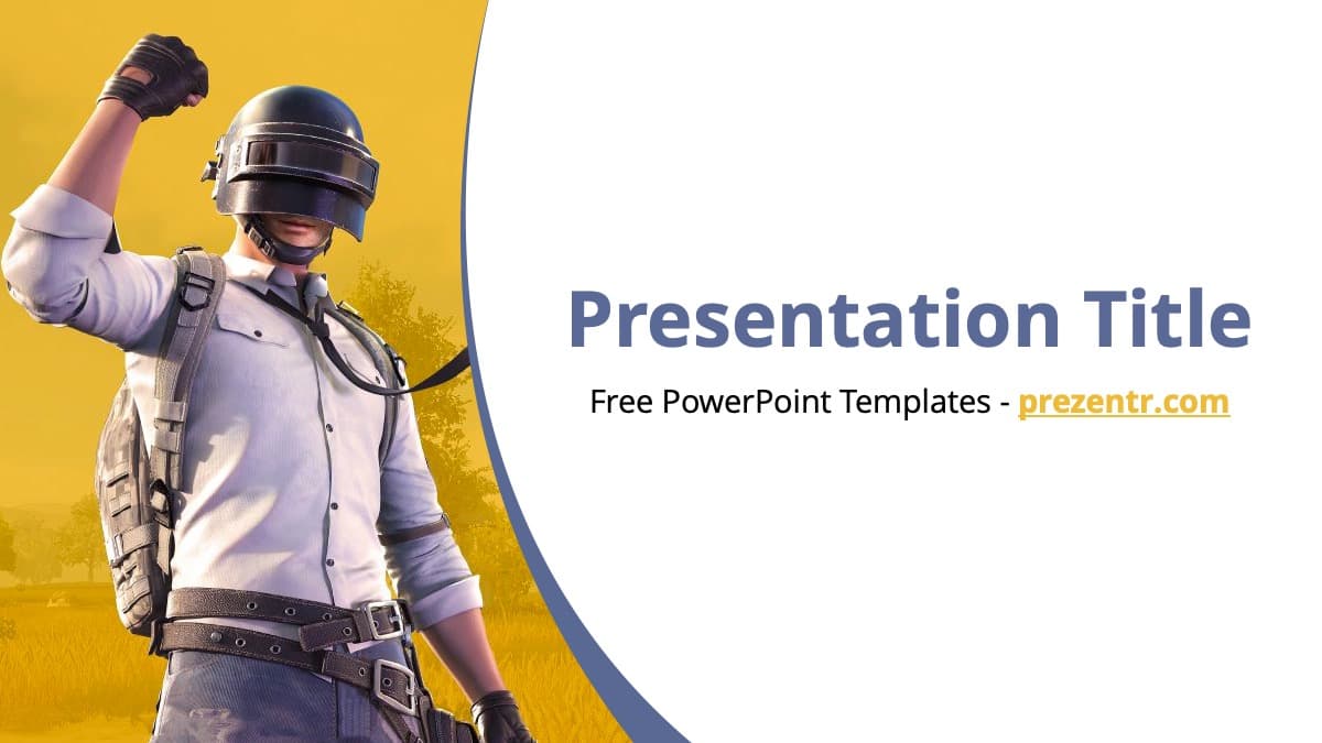 PUBG PowerPoint Template cover slide with armed character in white shirt, yellow background, and blue curved divider