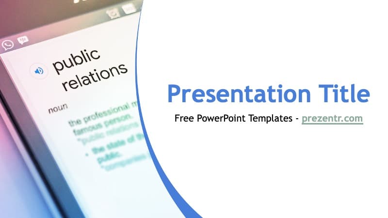 Public Relations PowerPoint template cover slide with blue curved design and dictionary definition text