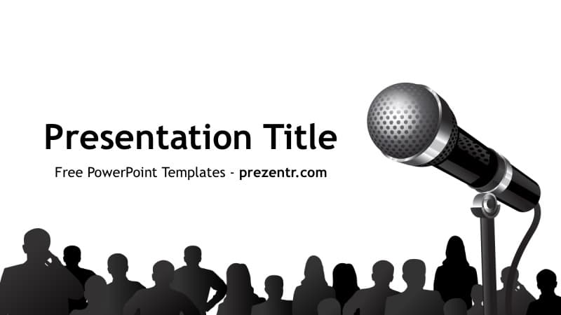 Silhouettes of audience members with microphone on white background for Public Speaking PowerPoint Template