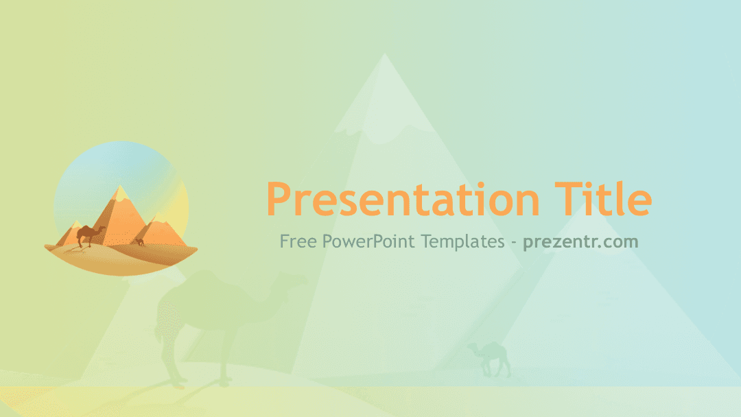 Pyramids PowerPoint Template cover slide with desert pyramids illustration and pastel gradient background
