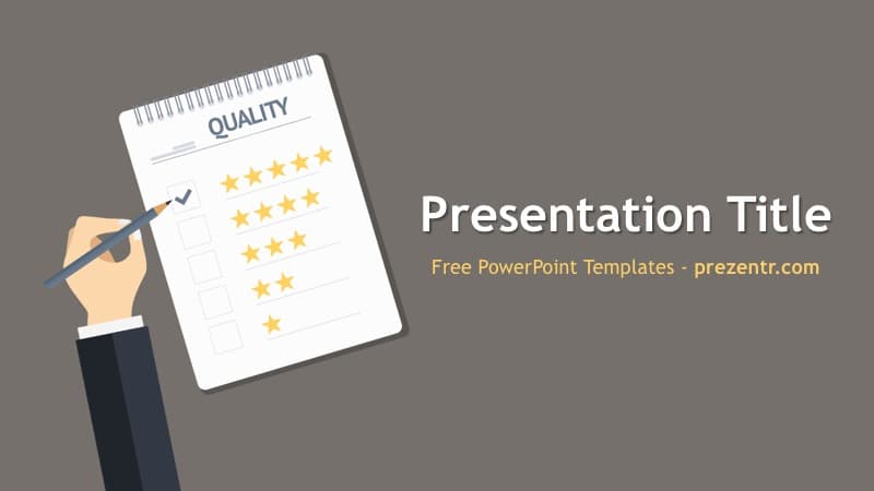 Quality PowerPoint Template cover slide with hand holding pen over quality rating checklist on gray background