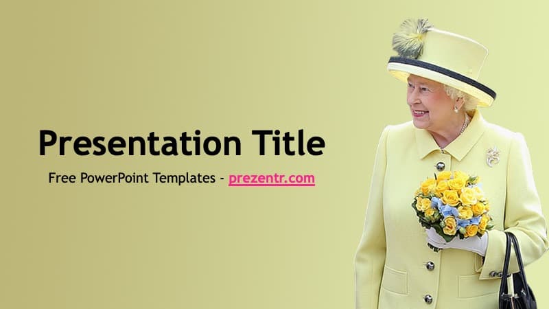 Queen Elizabeth II PowerPoint Template cover slide with cream background, formal portrait, and yellow flowers