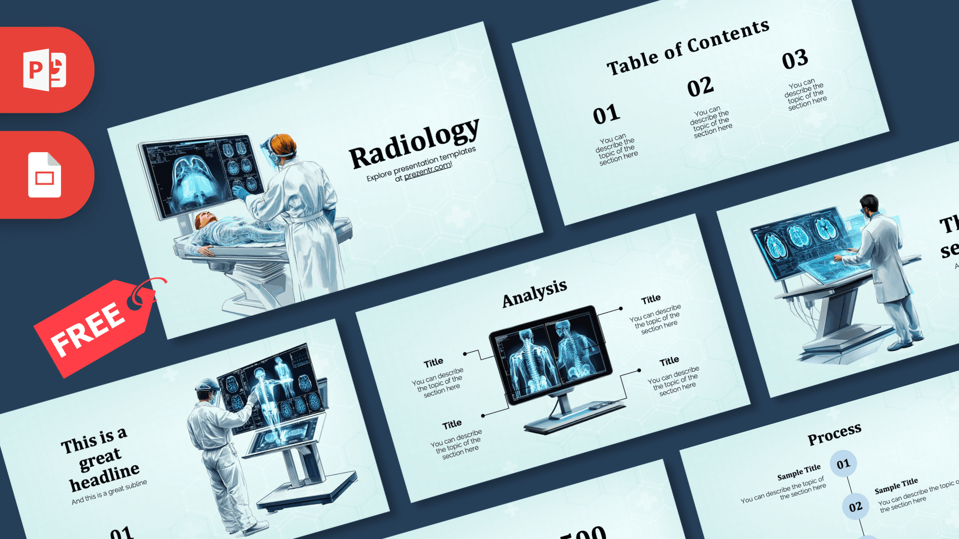 Radiology PowerPoint template cover with medical imaging visuals and light blue design
