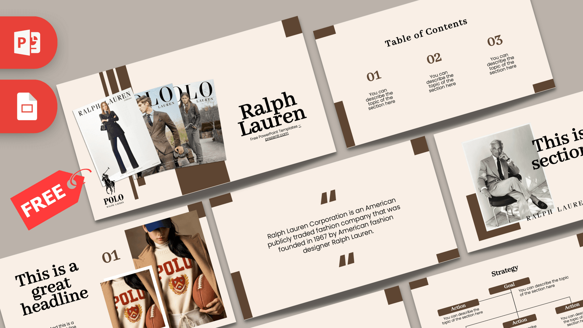 Ralph Lauren PowerPoint template cover with cream background, brown geometric accents, and fashion brand imagery