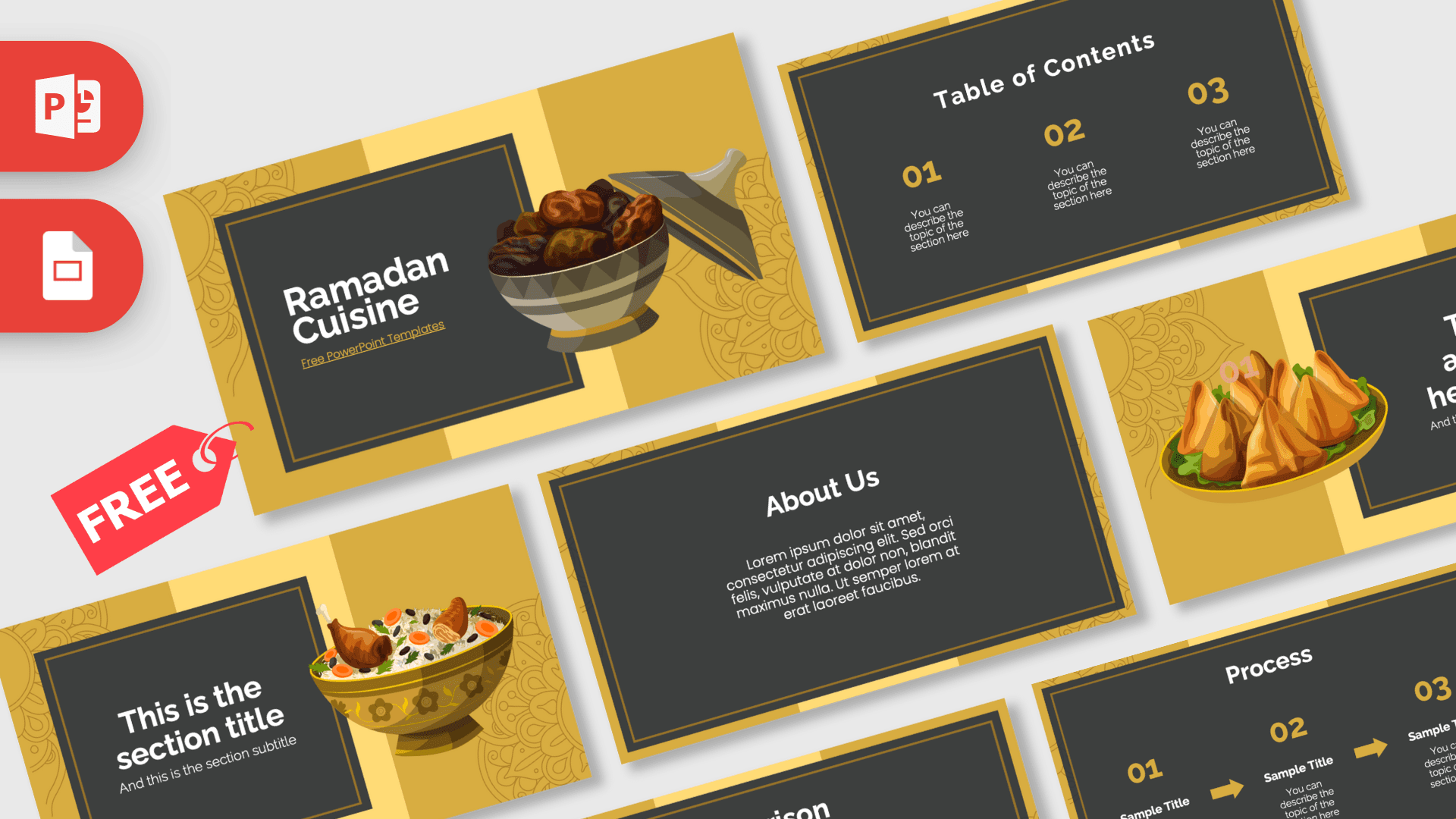Ramadan Cuisine PowerPoint template cover slide with gold and charcoal design featuring traditional food bowls
