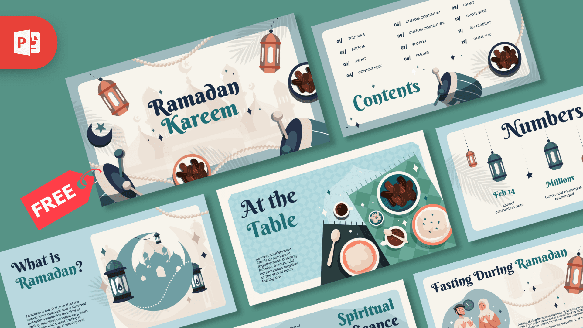 Ramadan Kareem PowerPoint template featuring cream and teal design with lanterns, moon, dates, and decorative Islamic motifs