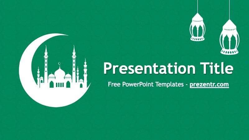 Ramadan PowerPoint template cover slide with white mosque on crescent moon and hanging lanterns on green background