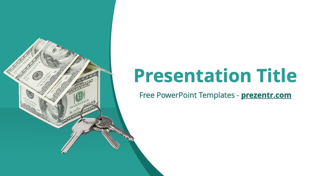 Real Estate PowerPoint Template cover slide with teal background, dollar bill house, keys, and title text