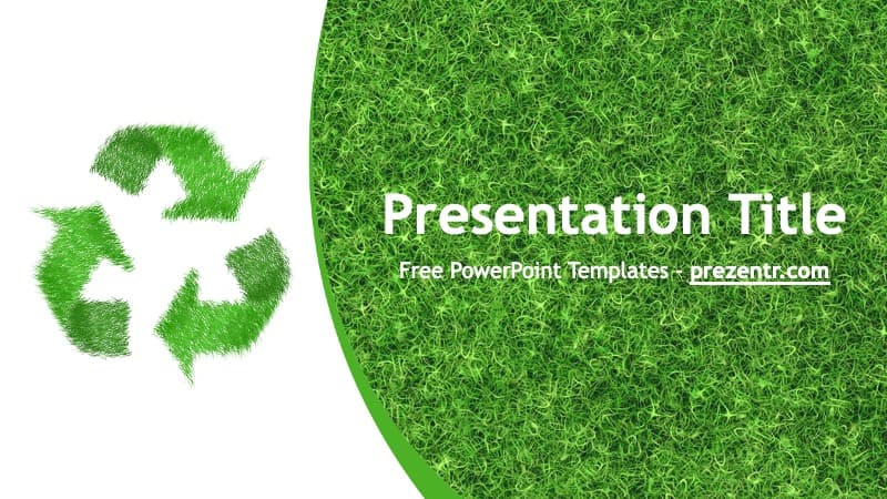 Recycling PowerPoint Template cover slide with green grass texture background and white recycling symbol logo