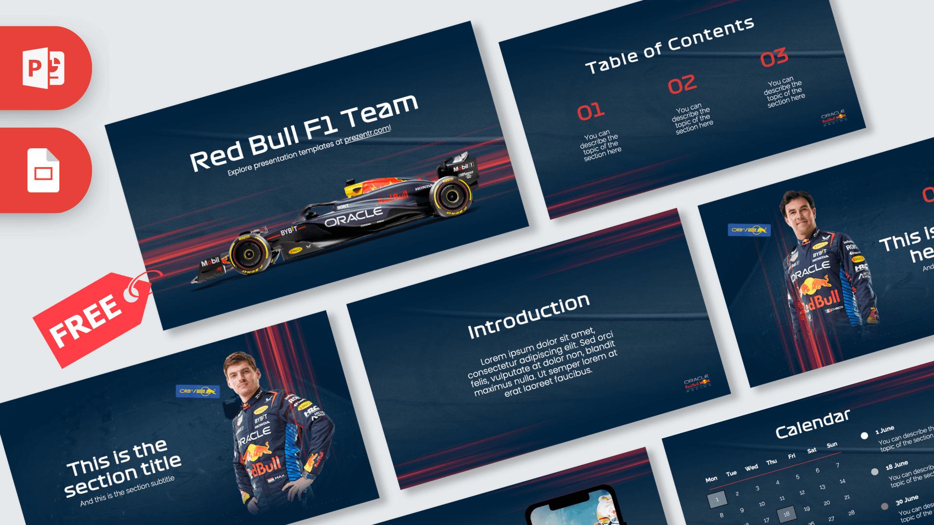 Red Bull F1 Team PowerPoint template cover with dark blue background, red racing stripes, and Oracle F1 car