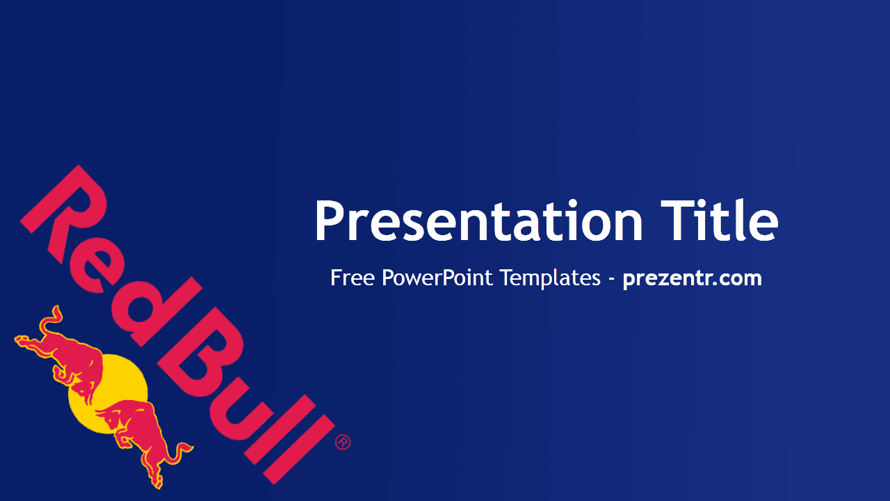 Red Bull PowerPoint template cover slide with dark blue background, red bull logo, and white title text