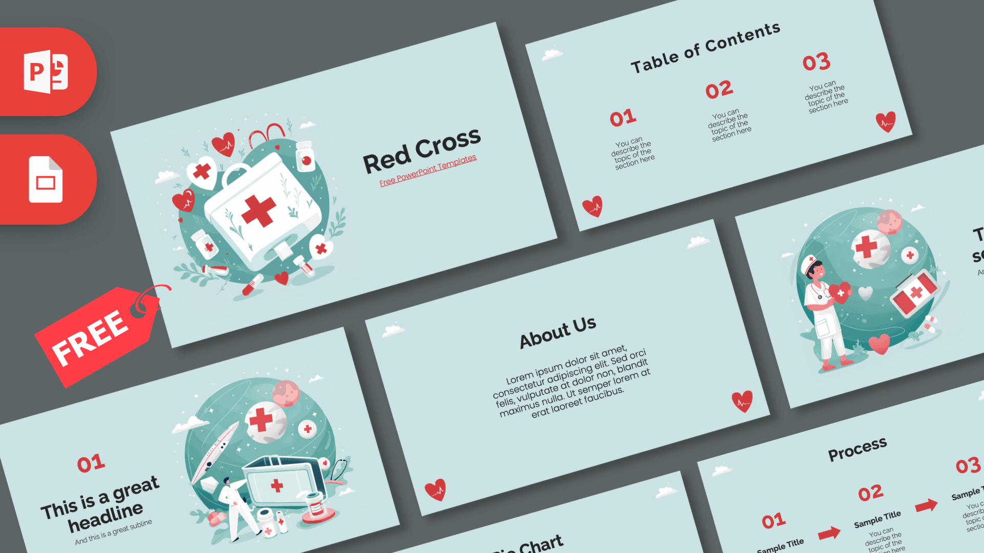 Red Cross PowerPoint template cover with medical illustrations, teal and red color scheme
