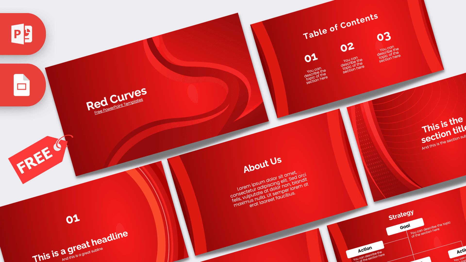 Red Curves PowerPoint Template featuring bold red background with flowing curve design elements and white typography layout