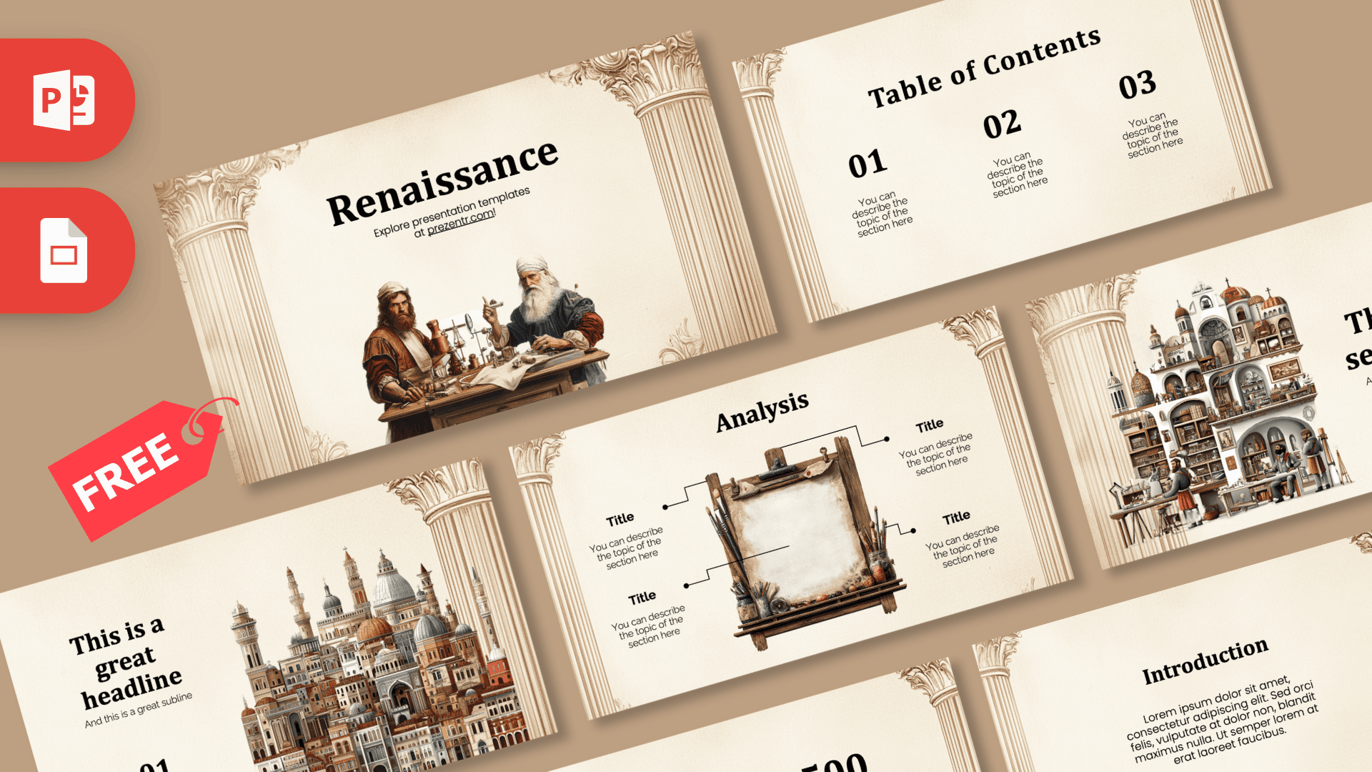 Renaissance PowerPoint template cover with classical columns, historical figures, and cream-colored elegant layout
