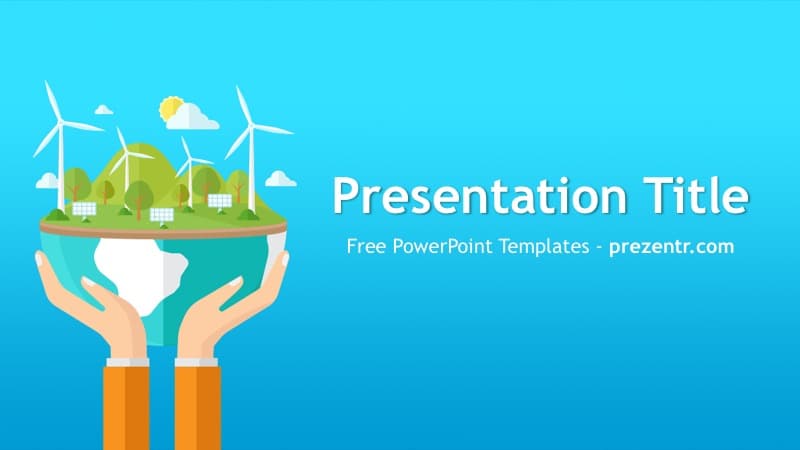 Renewable Energy PowerPoint Template cover slide with hands holding sustainable globe featuring wind turbines and solar