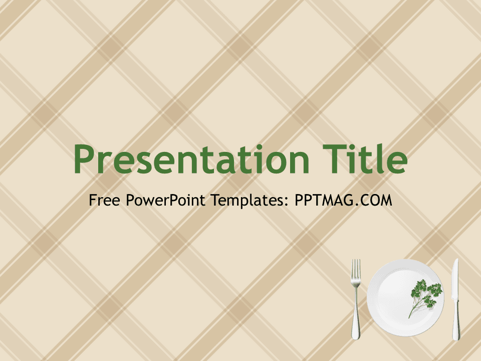 Restaurant PowerPoint Template title slide with beige plaid tablecloth, plate, fork and knife