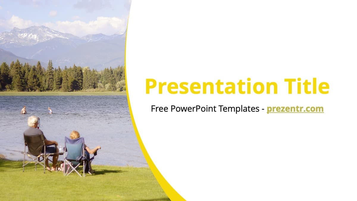 Retirement PowerPoint Template cover slide featuring elderly couple by mountain lake with yellow curved design element