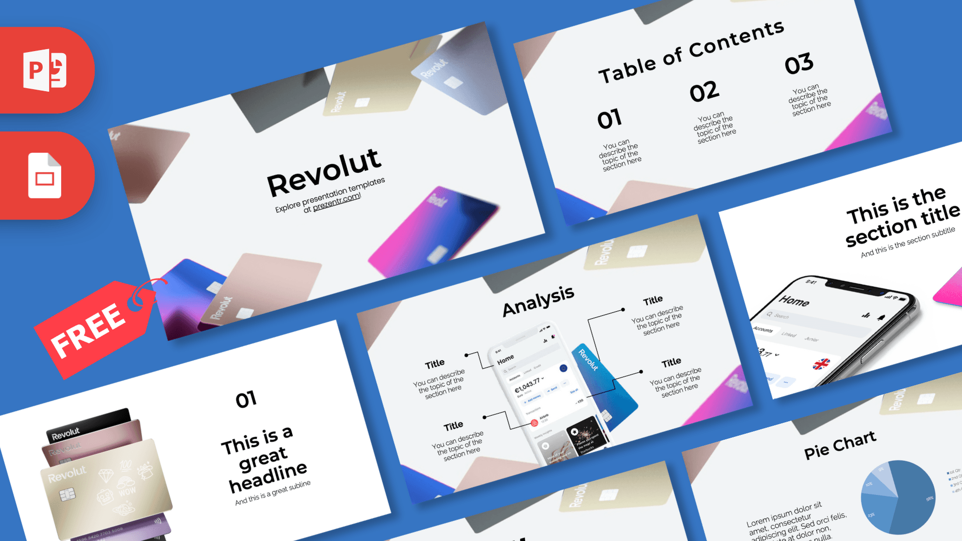 Revolut PowerPoint template cover slide with gradient pink-blue cards and modern layout