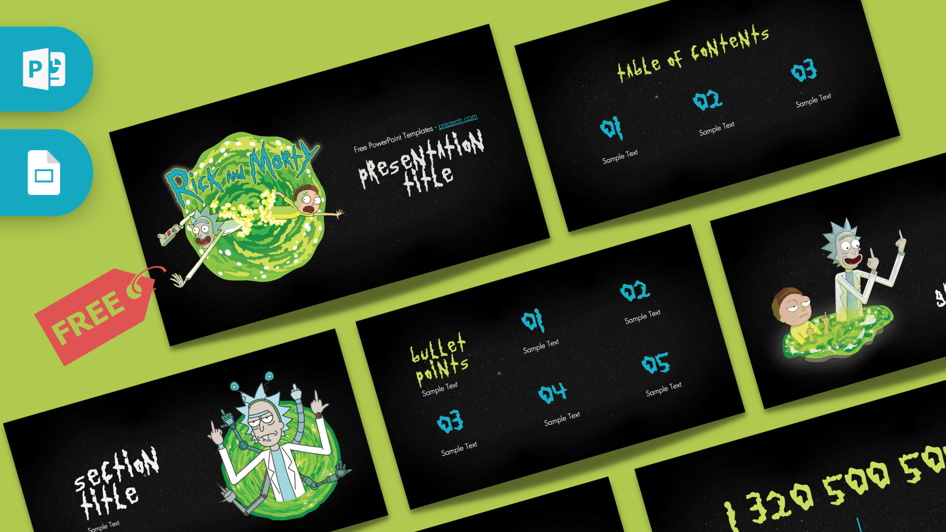 Rick and Morty PowerPoint template cover with green portal and black background layout