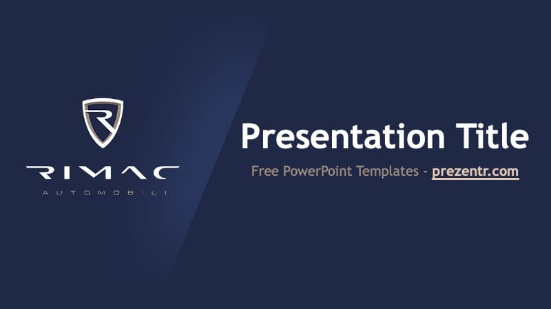 Rimac PowerPoint template cover slide with shield logo, dark blue background, and white typography