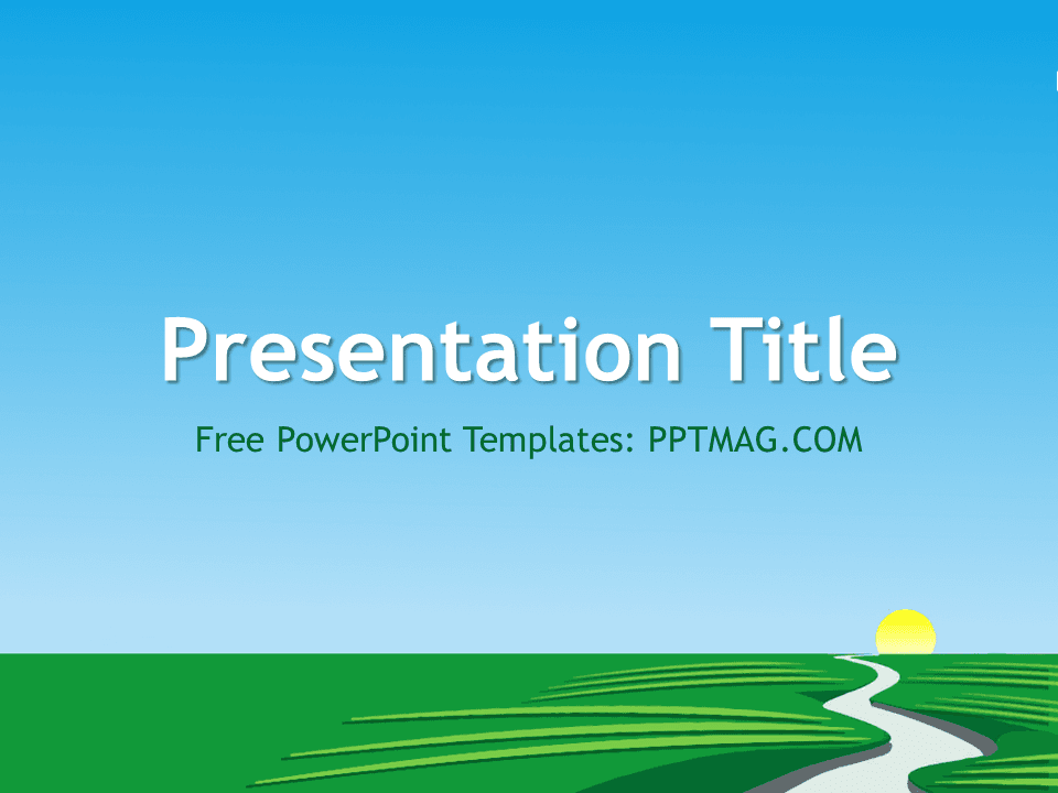 River PowerPoint Template cover slide with blue sky, green rolling hills, winding white path, and yellow sun on horizon