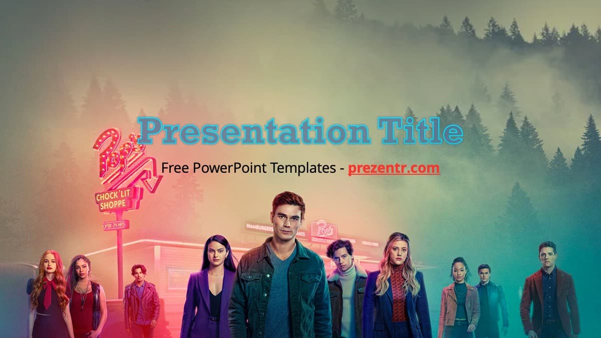 Riverdale PowerPoint template cover slide with neon pink diner sign, forest backdrop, and cast characters