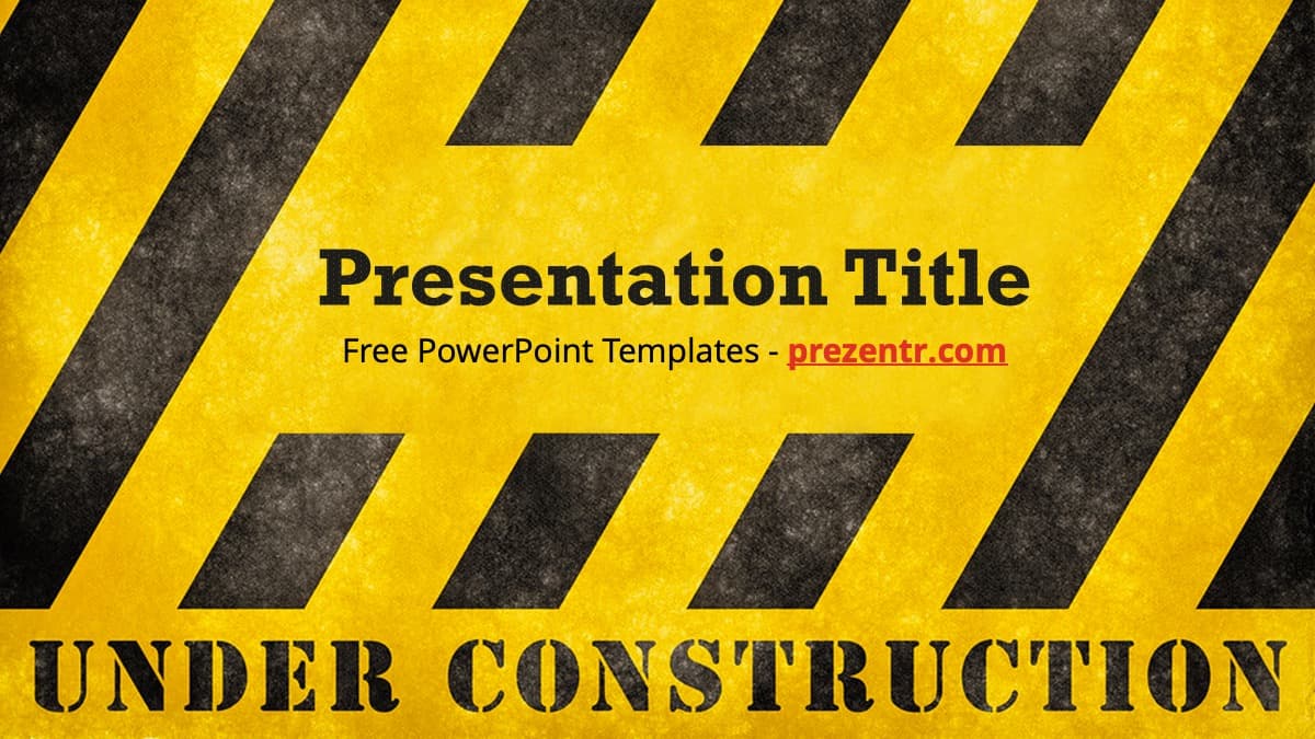 Under Construction PowerPoint Template cover slide with yellow and black diagonal stripes