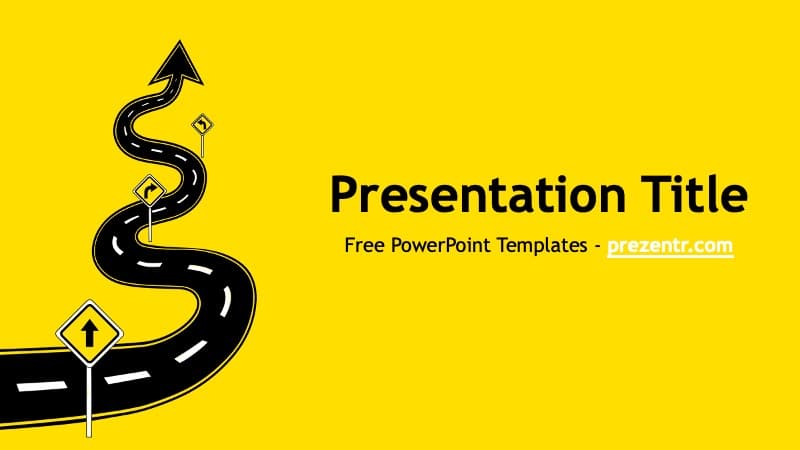 Road PowerPoint Template cover slide with yellow background and winding black road graphic with upward arrows