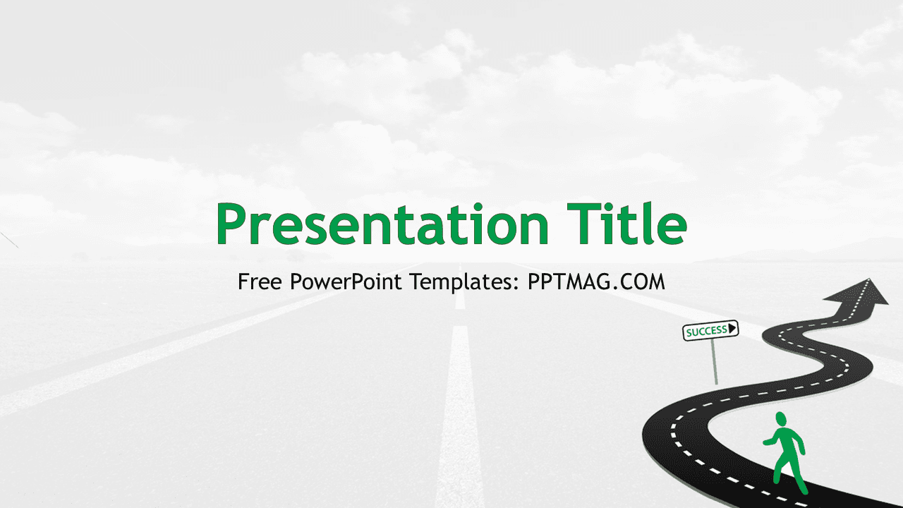 Road to Success template with winding road, green figure, success sign, and upward arrow on light background
