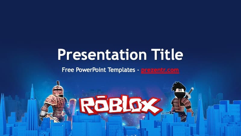 Roblox PowerPoint template cover slide with blue cityscape, game characters, and red logo