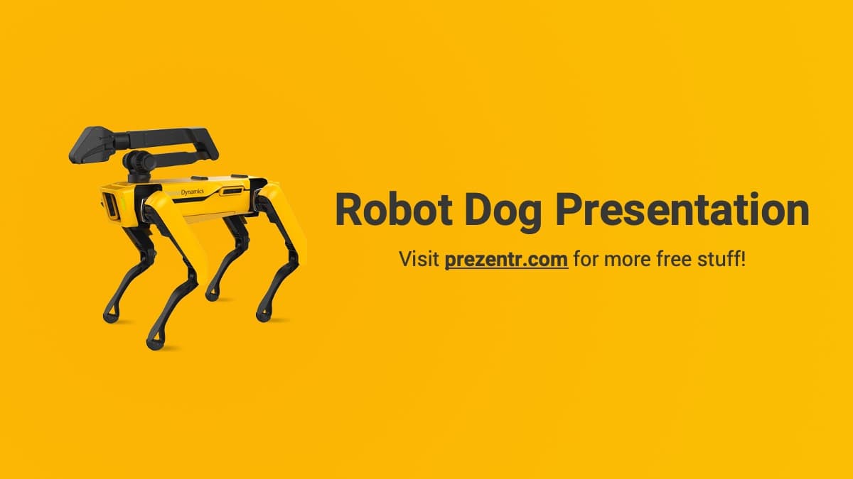 Yellow robot dog presentation template cover slide with tech-themed layout
