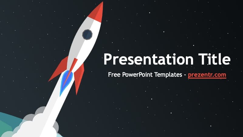 Rocket PowerPoint Template cover slide with red and white rocket launching against starry night sky background