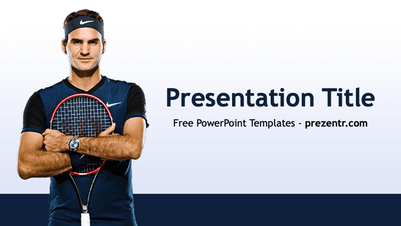 Professional tennis player holding red racket on dark blue background with title space in Roger Federer PowerPoint Template