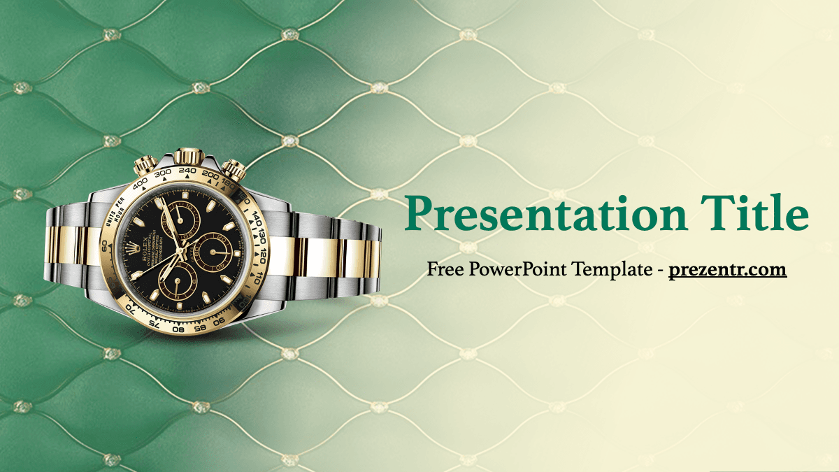 Rolex PowerPoint Template cover slide featuring luxury chronograph watch on teal quilted background with gold accents