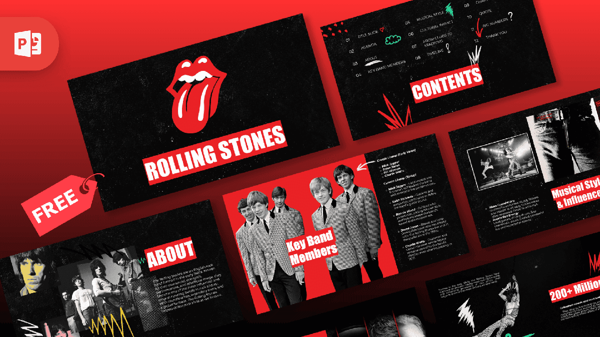 The Rolling Stones PowerPoint Template cover slide with iconic red lips logo, black background, and bold red text design