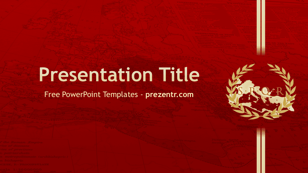 Roman Empire PowerPoint Template cover slide with red background, gold laurel wreath emblem, and elegant serif typography