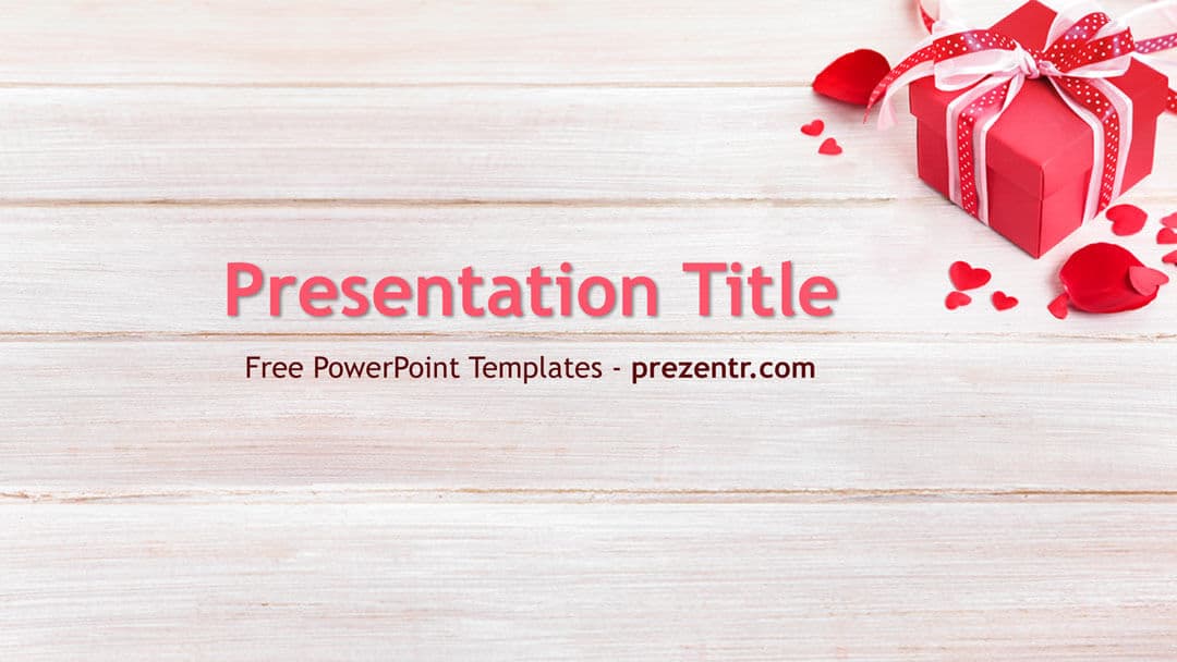 Romantic Gift PowerPoint Template cover slide with red gift box, rose petals, and hearts on white wooden background