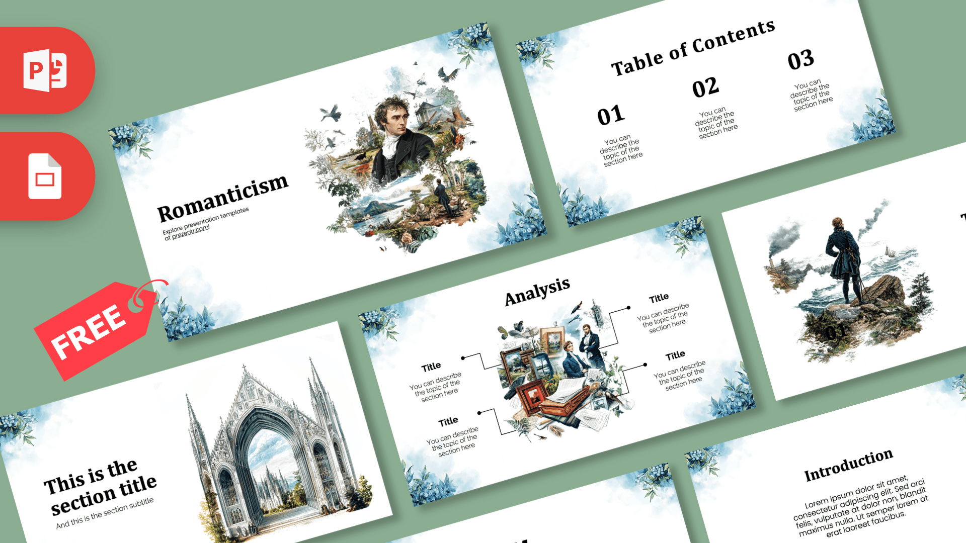 Romanticism PowerPoint template cover with blue floral accents, portrait illustration, and green background