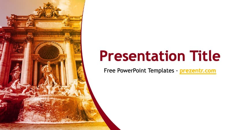 Rome PowerPoint Template cover slide with golden fountain architecture and burgundy curved design elements