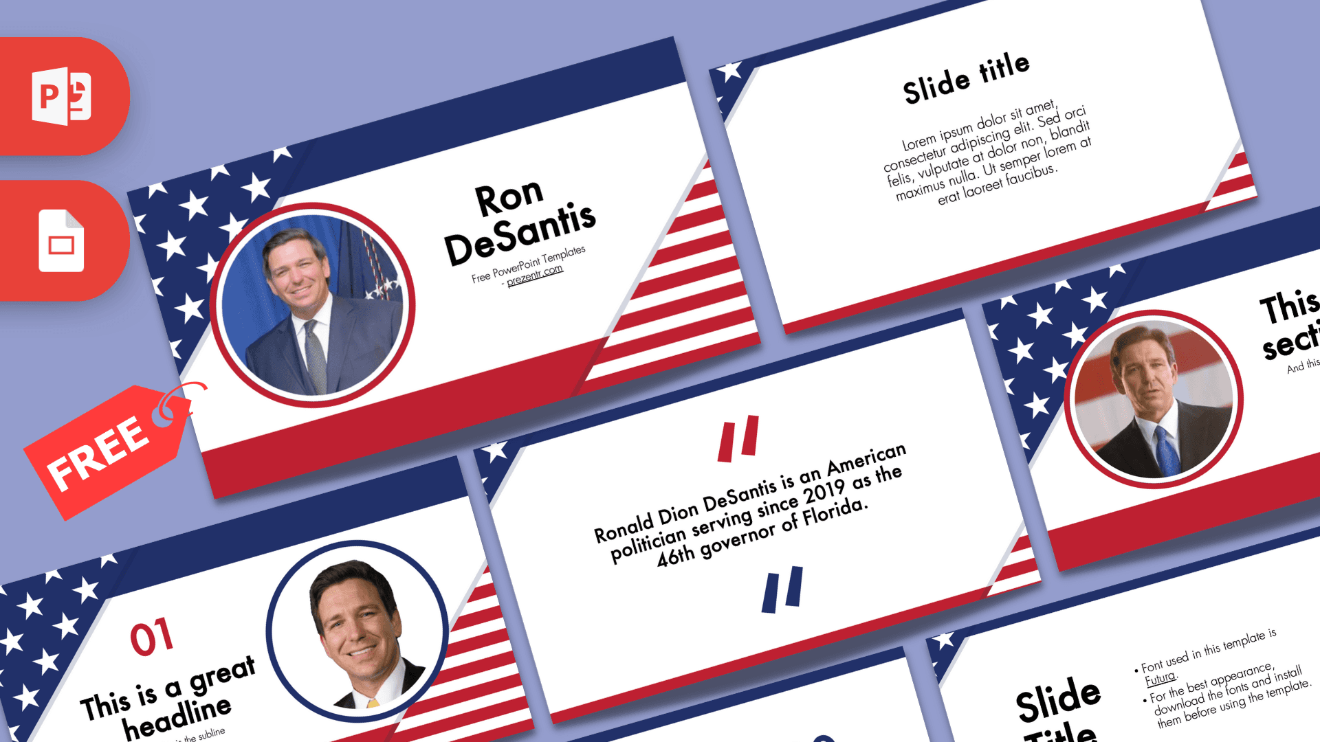 Ron DeSantis PowerPoint template cover slide with patriotic red, white, and blue design featuring circular photo frame