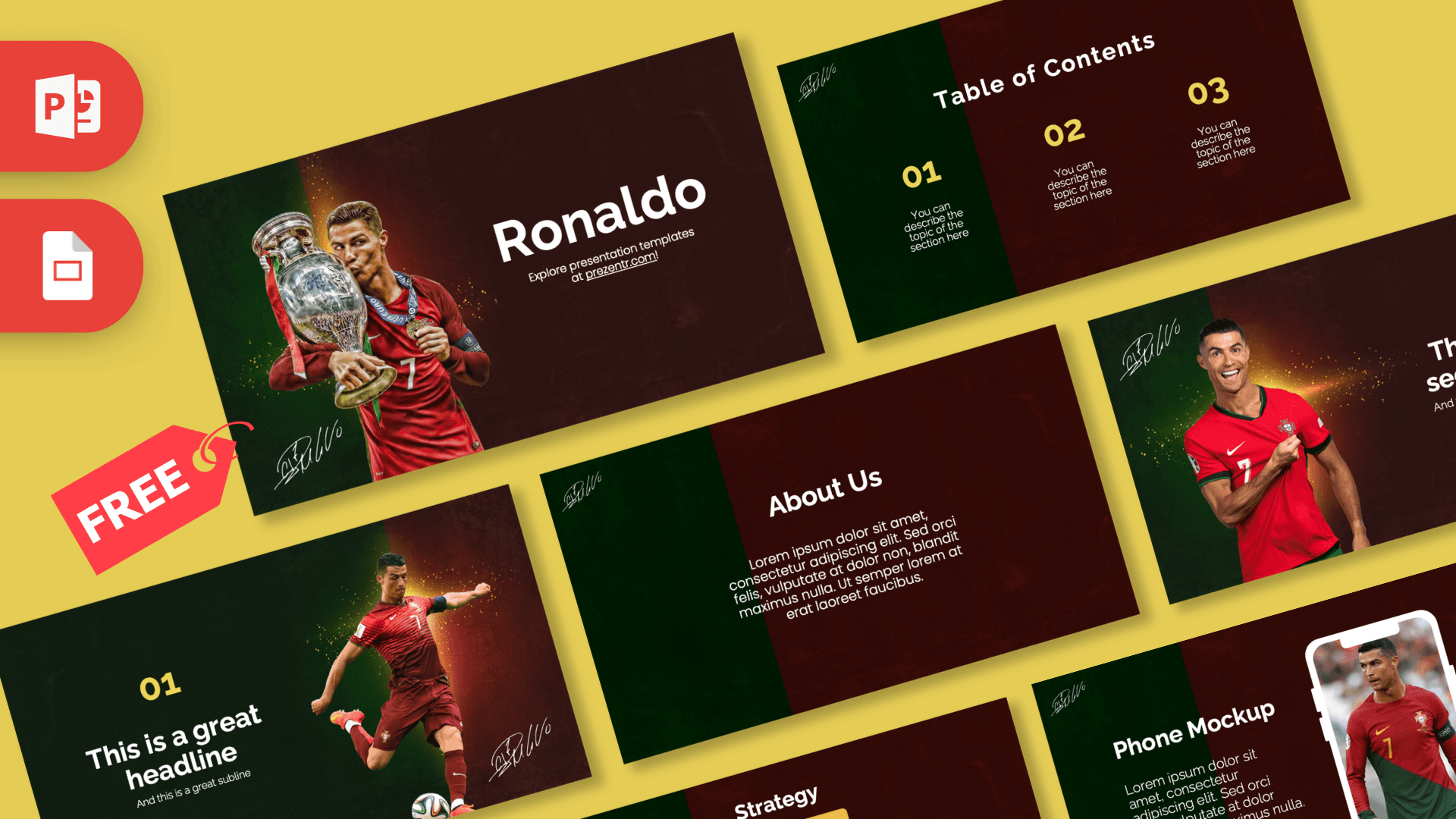 Ronaldo PowerPoint template cover slide with red jersey player image, dark brown and green gradient background