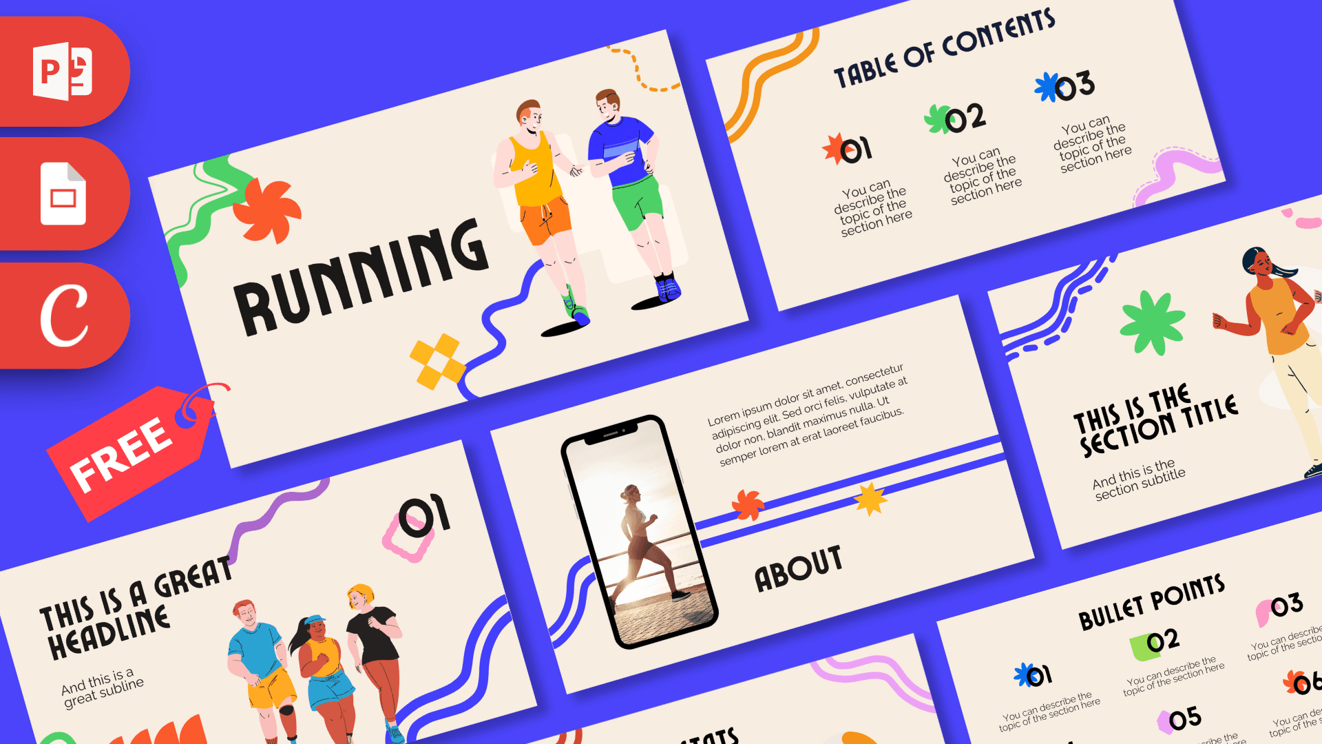 Colorful Running PowerPoint template with illustrated joggers and vibrant blue, orange accents