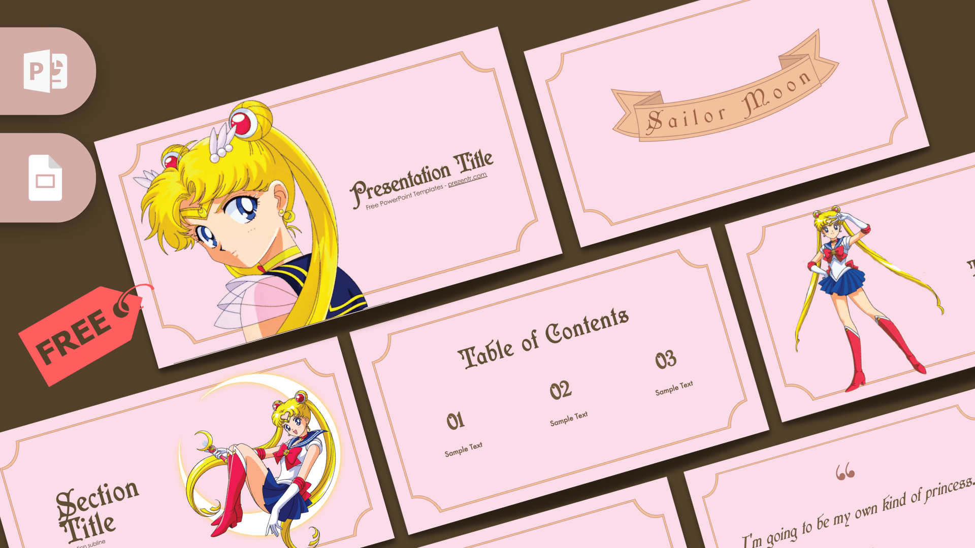 Sailor Moon PowerPoint Template cover slide featuring yellow-haired anime character in pink and gold decorative frames